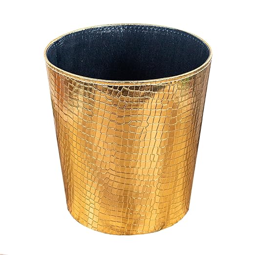Leather Trash Can Decorative Waste Basket 10L Capacity Small Waste Paper Basket Waterproof Garbage Can for Bathroom Bedroom Office Kitchen and Living Room - Golden