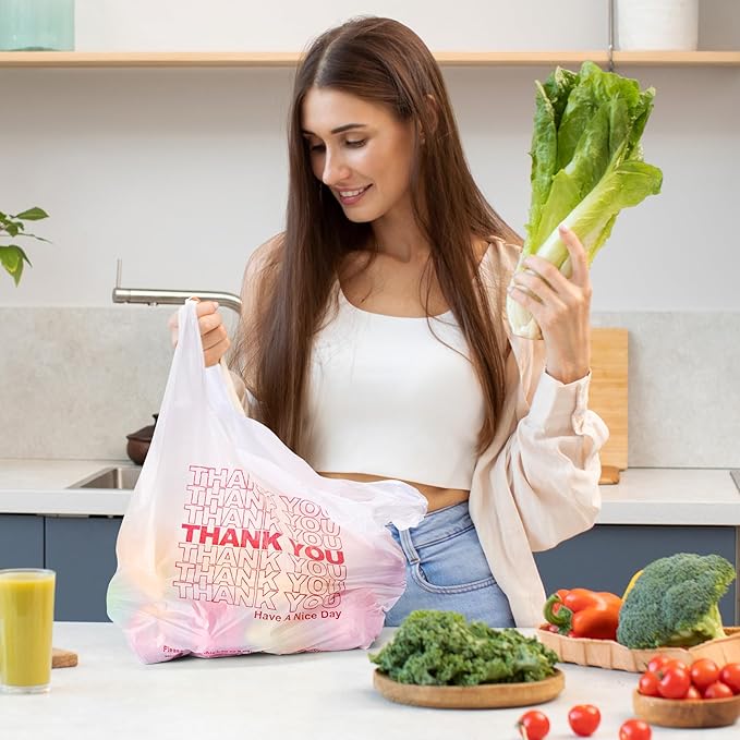 Delxo Grocery Bags Thank You Plastic T-Shirt Bag (1000 Count) White Supermarket Shopping Bags with Handles for Restaurant Retail To Go Takeout Convenience Stores 11.5 x 6.5 x 21 In