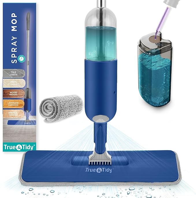 True &amp Tidy® Multi-Surface Spray Mop with Refillable Water Bottle Use Any Cleaning Solution Easy to Fill and Refill with Machine Washable Mop Pad (Navy)