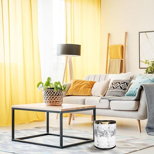 Marble Pattern Round Wastebasket Plastic Trash Can for Bathroom Bedroom Office Home Kitchen with Easy Bag Replacement and Stylish Lidless Design