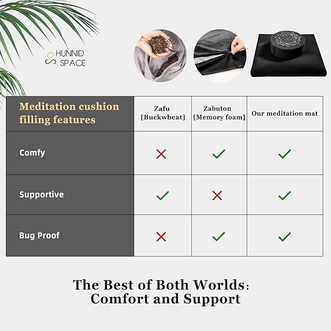 Meditation Zafu Cushion Set with Buckwheat Hulls &amp Memory Foam - Ergonomic Support for Yoga &amp Sitting - Removable Machine-Washable Luxury Velvet Cover - for Adults and Kids (Black)