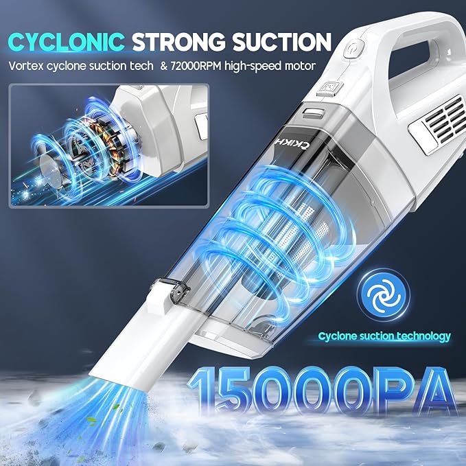 Handheld Vacuum Cordless 15000PA Strong Suction Hand Held Car Vacuum Cleaner Portable with Multi-Nozzles &amp Washable Filter Lightweight Dust Busters Rechargeable for Home Car Office Pets