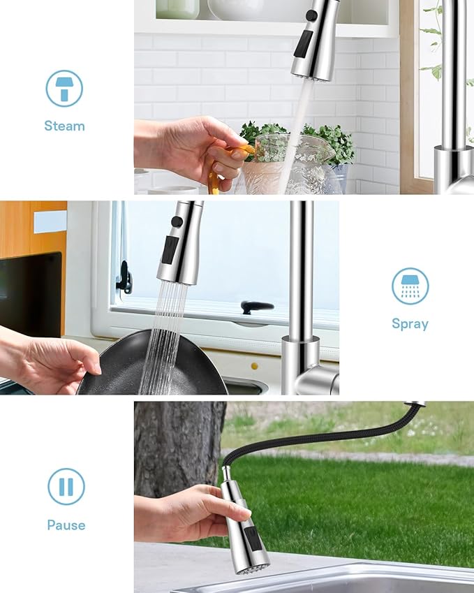 WEWE Kitchen Faucet with Pull Down Sprayer and Soap Dispenser Polished Chrome High Arc Single Handle Stainless Steel Sink Faucet Suitable for Farmhouse RV &amp Laundry