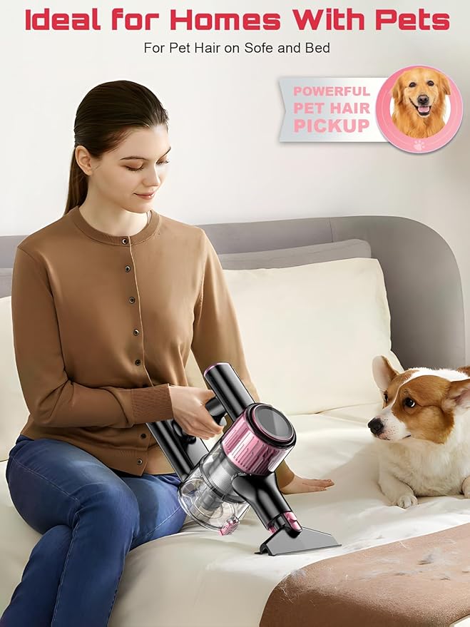 Cordless Vacuum Cleaner 10 in 1 Stick Vacuum with Powerful Suction Hose Green LED Light Anti-Tangle Brush Lightweight Rechargeable Vacuum Cleaner for Home Hardwood Floors Carpets Pet HairPink