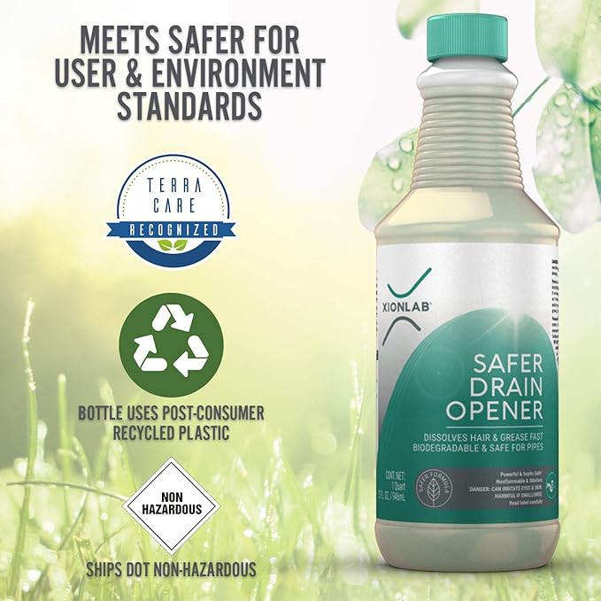 XionLab Safer Greener Drain Clog Remover – Industrial-Strength Liquid Drain Cleaner for Hair &amp Grease – Septic Safe Odorless Biodegradable for Bathroom Sink Bath Tub &amp Shower Drain – 32 o