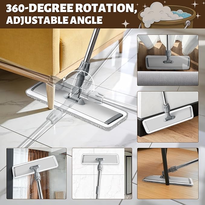 17.7 Microfiber Mop for Floor Cleaning 59in Long Adjustable Stainless Steel Handle 360° Rotating Large Flat Mops 4 Washable Pads for Dry &amp Wet Cleaning for Hardwood Vinyl Laminate Grey
