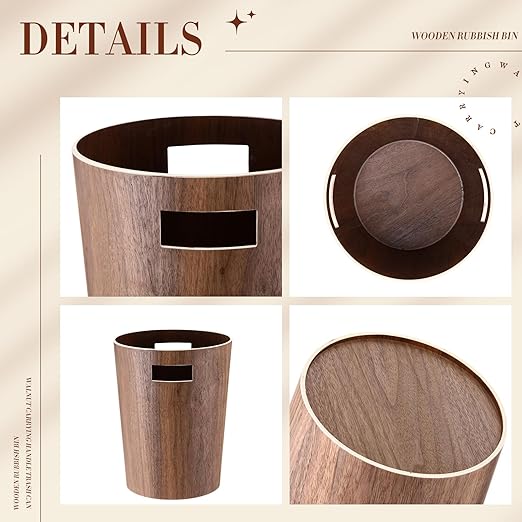 2 Pack 2.3 Gallons Wood Trash Can Wastebasket Natural Wood Round Wastebasket Small Trash Bin for Home Office Under Desk Kitchen Bedroom Hotel Room (Walnut ColorFlat)