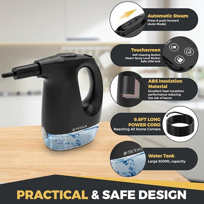 Handheld Steam Cleaner 15S Rapid Heating 3 Adjustable Modes 14 Cleaning Kits Steam Cleaner for Home Kitchen Bathroom Car（Black）