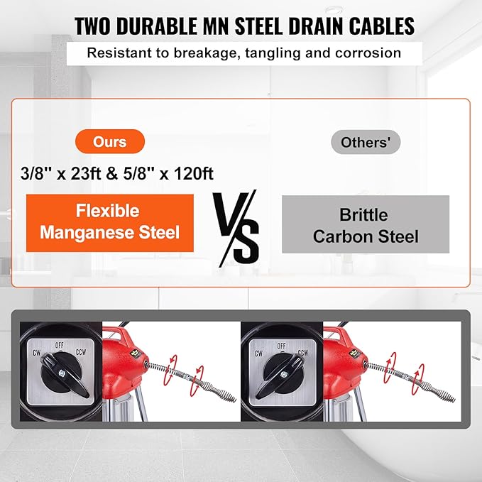 VEVOR Drain Cleaner Machine 120FT x 5/8 Inch 370W Electric Sewer Snake Auger Manual Feed - with 2 Sectional Steel Cables(120' x 5/8 and 23' x 3/8) 7 Cutters and CW/CCW Control for 1.6 to 4 Pipes