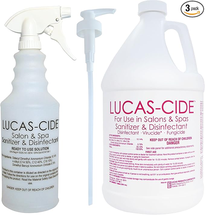 LUCAS-CIDE Salon and Spa Disinfectant 1 Gallon (Pink) Bundle with Pump &amp Leak Proof Empty Spray Bottle (32 Oz.)
