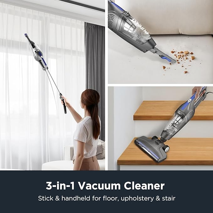 Eureka Corded Stick Vacuum Cleaner for Home Pet Hair Lightweight Stick Vacuum Cleaner with Powerful Suction for Carpet Tile and Hard Floor Blue 3-in-1 Handheld Vac NES312