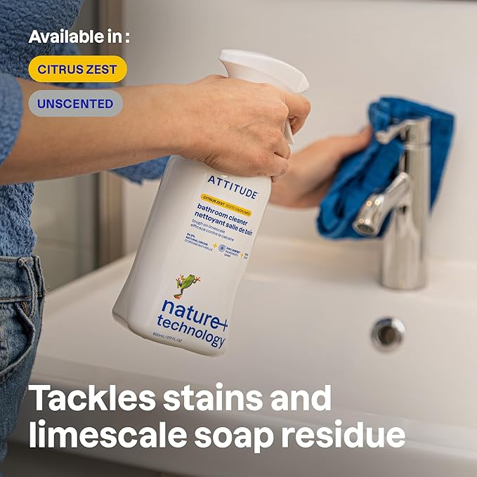 ATTITUDE Bathroom Cleaner Spray EWG Verified Plant-Based &amp Vegan Safe for Bathroom Surfaces Tiles Tubs Shower Walls and Grout Unscented 27.1 Fl Oz (Pack of 6)