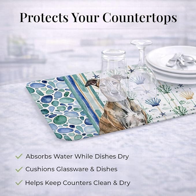 Caroline's Treasures Brindle Greyhound Coastal Sea Glass Dish Drying Mat Absorbent Dish Drying Mat Pad for Kitchen Counter Dish Drainer Mat for Countertop 14 x 21 Multicolor