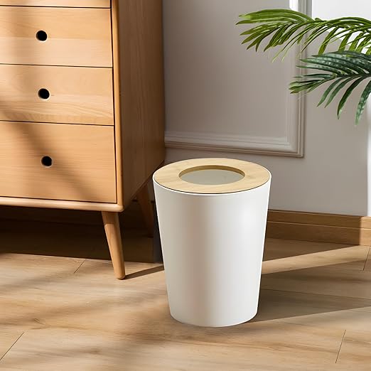 White Trash Can for Bedroom with Bamboo Lid 2.4 Gallon Open Top Trash Can 2 Pack Modern Aesthetic Garbage Can for Room Office Living Room Small Bathroom Trash Bin Boho Style