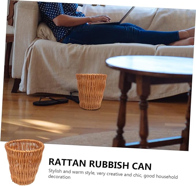 Unomor 1pc Woven Wastebasket Rattan Trash Can for Bathroom Bedroom Office Compact Design Stylish Decorative Storage Container Natural Diameter Height