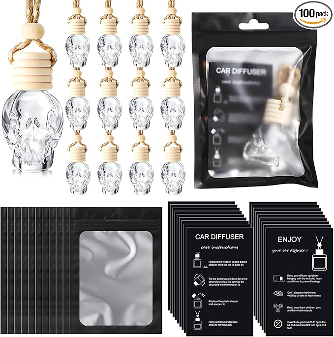 Boao 100 Sets Hanging Car Air Freshener Diffuser Bottles with Instruction Card and 4 x 6'' Resealable Holographic Bag for Empty Car Essential Oil Perfume Bottles Packaging (Black CardSkull)