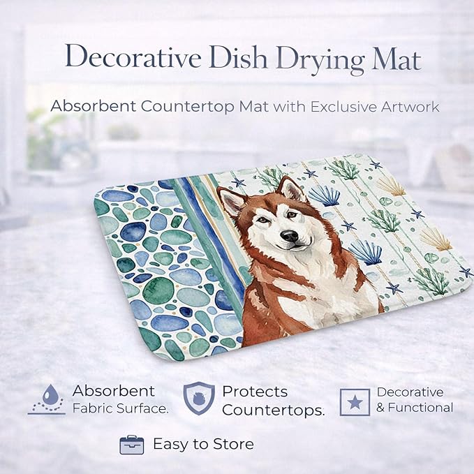 Caroline's Treasures Red and White Alaskan Malamute Coastal Sea Glass Dish Drying Mat Absorbent Dish Drying Mat Pad for Kitchen Counter Dish Drainer Mat for Countertop 14 x 21 Multicolor