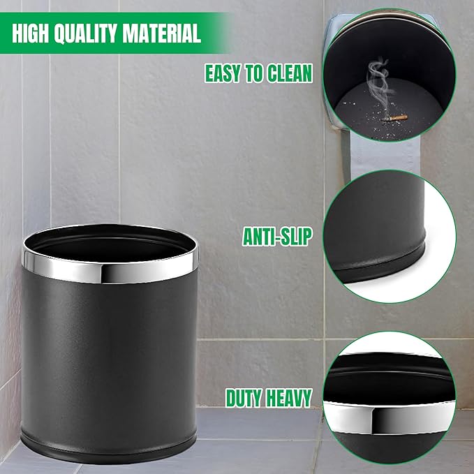 'Invisi-Overlap' Metal Trash Can Open Top Small Office Wastebasket Round Shape (Black)