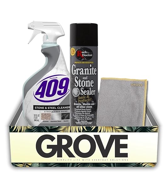 Formula 409 Stone/Steel Cleaner 32 oz Spray and Rock Doctor Clean Scent Granite Sealer 18 oz Spray Bundle with Microfiber Auto Cleaning Cloth – Stone and Countertop Care – Gift Set (3 Items)
