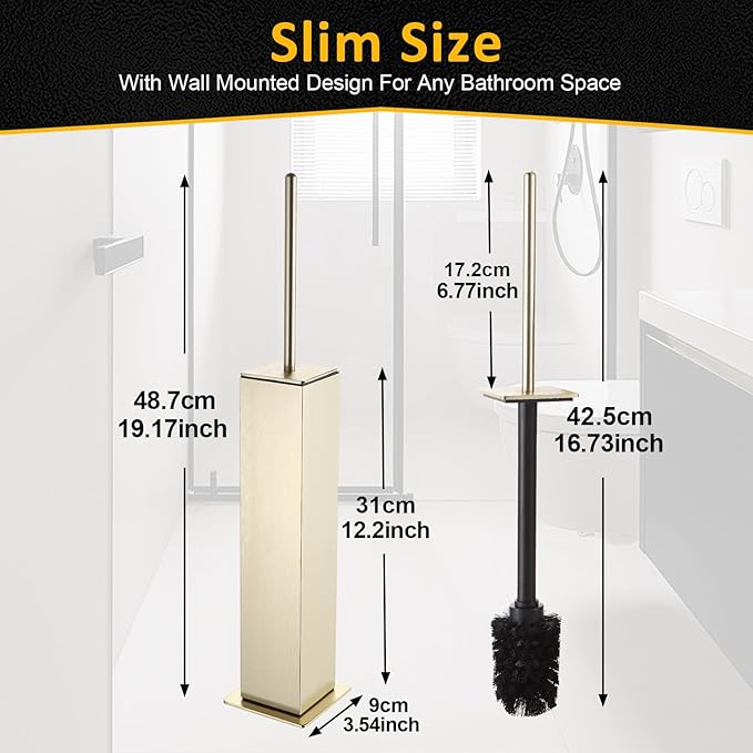 Toilet Brush and Holder Floor Standing Brushed Gold with 2 Replaceable Heads Bathroom Toilet Brush Freestanding Toilet Bowl Brush with Removable Liner and Splash Guard Modern Square Design