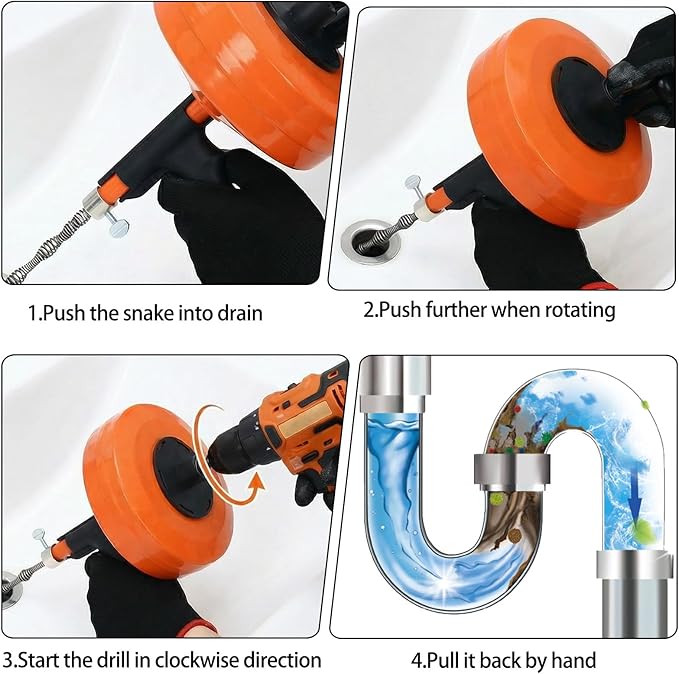 50 Ft Drain AugerUse Manually or Drill Powered 50 Foot Drain SnakeHeavy Duty Flexible Plumbing SnakeWith Gloves and Storage Bag for Kitchen Sink Shower Drain (50FT Orange)