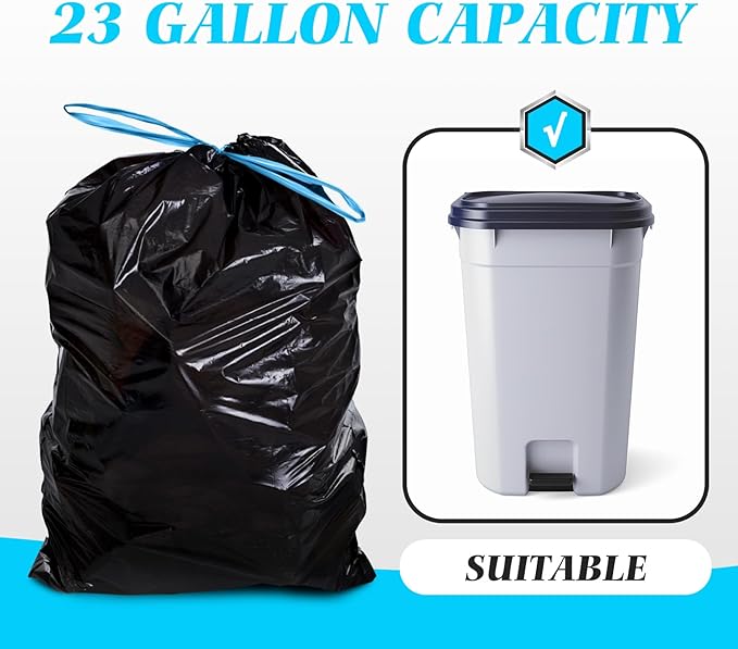 Teivio 23 Gallon Drawstring Trash Bags 120 Counts Fit 23 Gallon Rubbermaid Slim Jim Can &amp 22-25 Gal Tall Kitchen Trash CanLarge Plastic Waste Bin Liners for Home Office Daily Household Use Bla