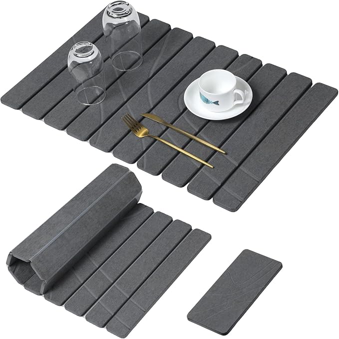 Large Stone Dish Drying Mat for Kitchen Counter2 PCS Quick Dry Stone MatsFoldable Water Absorbing Diatomaceous Drying Pad for Countertop Bottles Utensils Cups (Flow Line Dark Gray 24x16 &amp 8x4