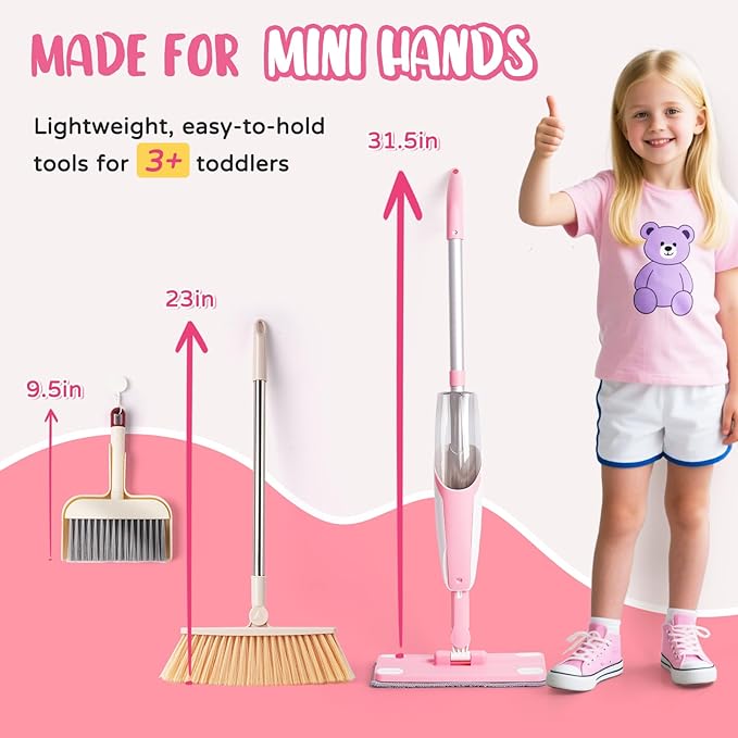 Kids Cleaning Toy SetPink Mini Spray Mop Montessori Toys Pretend Play Cleaning Tool for Toddlers with Spray Mop &amp Kids Broom Dustpan Set Cleaning Toys Gift for Toddlers Girls Boys Age 3+