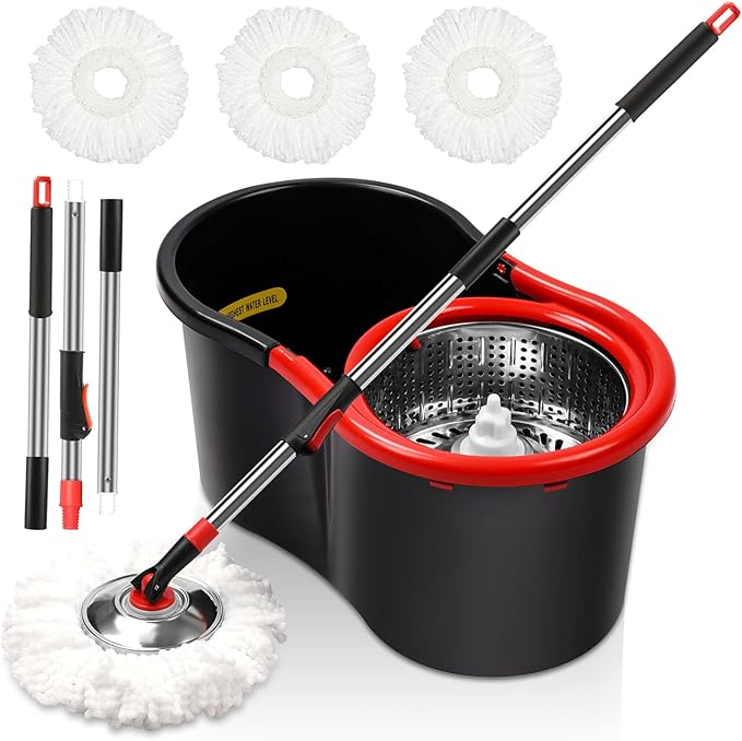 Spin Mop and Bucket with Wringer Set 360° Spinning Mop Bucket System with 3 Microfiber Mop Replacement Heads and 51 Stainless Steel Adjustable Handle for Floor Cleaning (15QT)
