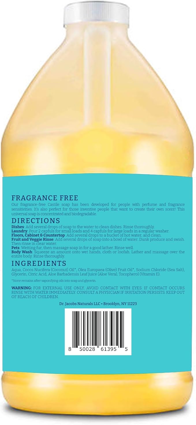 Dr. Jacobs Naturals Pure Castile Soap 64 oz Value Size - Unscented - Made in USA - All-in-One Plant-Based Multipurpose Cleaner for Floors Counters Dishes &amp Laundry Gentle on Skin Biodegradabl