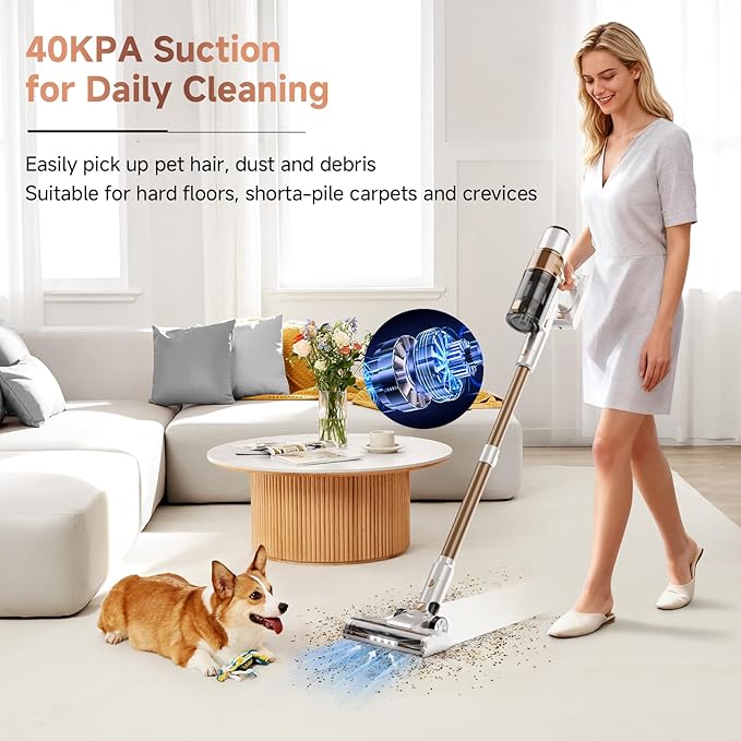 Cordless Vacuum Cleaner - 40KPA Powerful Suction Cordless Stick Vacuum Cleaners for Home Anti-Tangle Brush Lightweight 6-in-1 Rechargeable Vacuum for Pet Hair/Carpet/Hard Floor(Off-White)