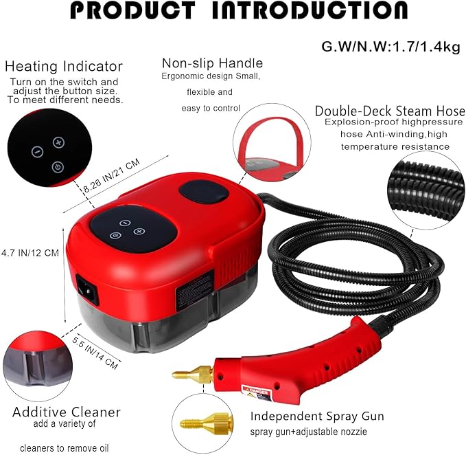 2500W Handheld Steam CleanerSteamer for Cleaning15SFast Heating High Pressure Portable Steam Cleaner w/5 Brushes and Extended Rod (Red - Steam Cleaner)