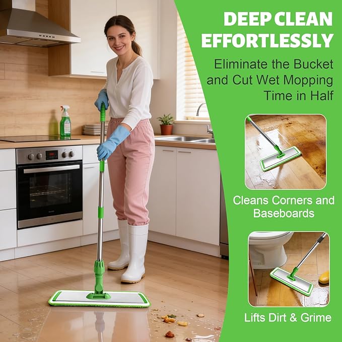 17.7 Microfiber Mop for Floor Cleaning 59in Long Adjustable Stainless Steel Handle 360° Rotating Large Flat Mops 4 Washable Pads for Dry &amp Wet Cleaning for Hardwood Vinyl Laminate Green