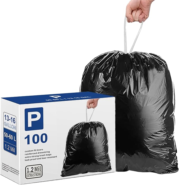 Code P 13-17 Gallon Heavy Duty 1.2 Mil THICK Trash Bags 50-65 Liter Compatible with simpleman Code P 100 Count (Pack of 1) Heavy Duty Black Garbage Can Liners GRAND SAVE!