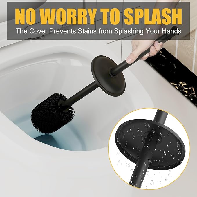 BESy Toilet Brush and Holder Toilet Cleaner Bowl Set with Two Brush with Extra Long Handle Durable Bristles Toilet Scrubber and Covered Holder Drip-Proof Stainless Steel Matte Black