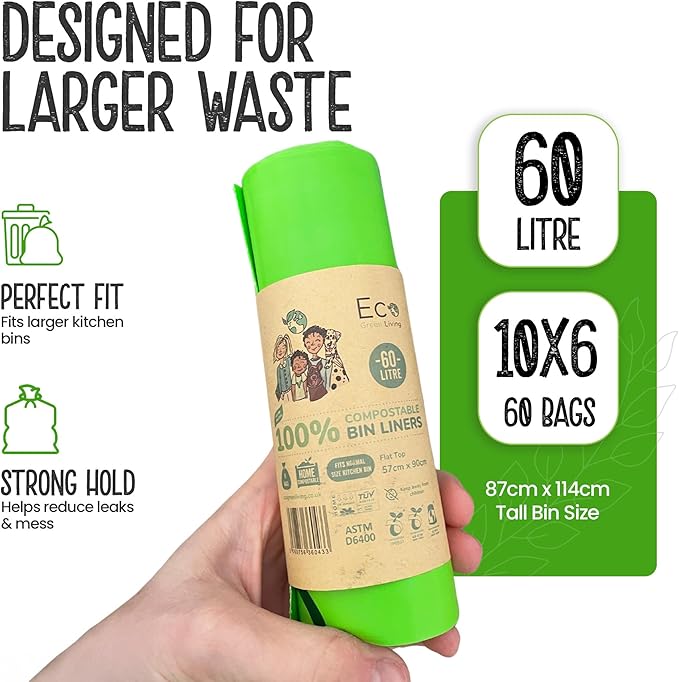Eco Green Living 60 Litre Compostable Bin Liners Plastic Free &amp Recyclable Tall Bin Bags for Food Waste Leak Resistant Small Bin Liners 87 x 114 cm - Six Pack (60 Bags)