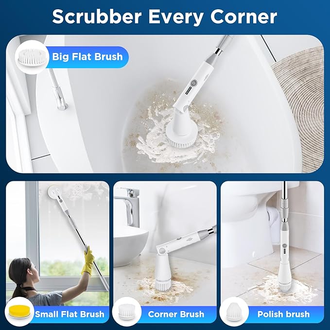 Electric Spin Scrubber Bathroom Cleaner Power Shower Cleaning Brush with Extendable Handle &amp 4 Brush Heads Shower Scrubber for Bathtub Tile Grout Kitchen Window and Floor