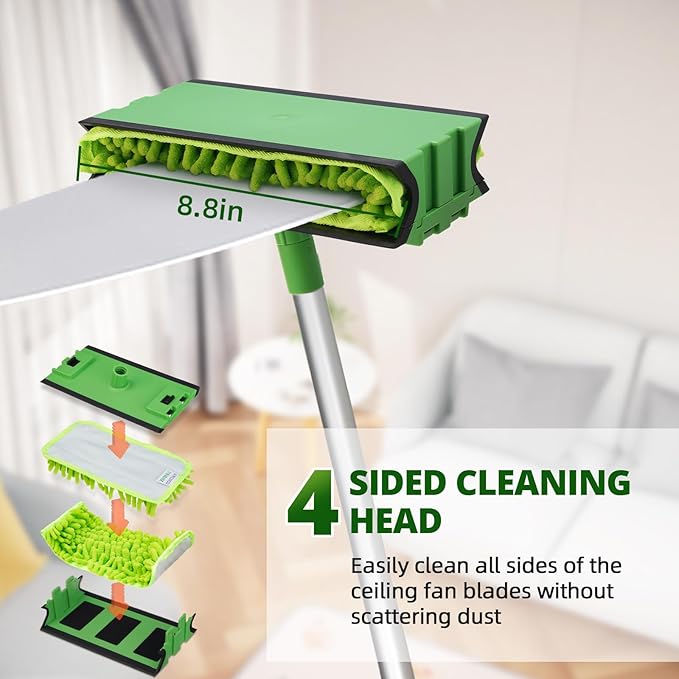 Ceiling Fan Cleaner Duster with 6 Ft/72'' Extension Pole High Ceiling Fan Blade Cleaning Tool Microfiber Duster Reusable Pads for Cleaning Ceiling Fan Baseboard Blind Cobweb Molding