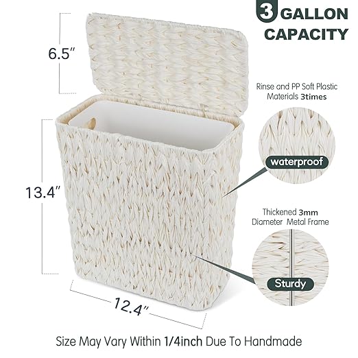 Wicker Trash Can with Lid and LinerBoho Decotative Small Bathroom Trash CansWaterproof Slim Waste Basket for BedroomHome Office3 Gallon Cream White