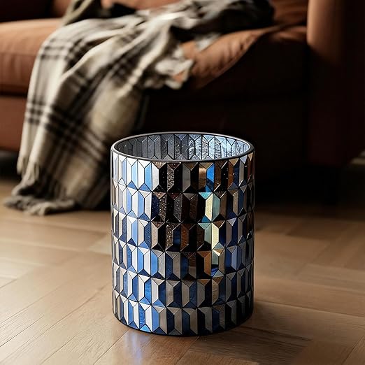 Escenzy Modern Bathroom Trash Can Mosaic Glass 5L | Decorative Small Garbage Can | 8 x 10 | Luxury Waste Basket for Restroom Office Bedroom &amp Kitchen | Shiny Black and Gold Bathroom Accessorie