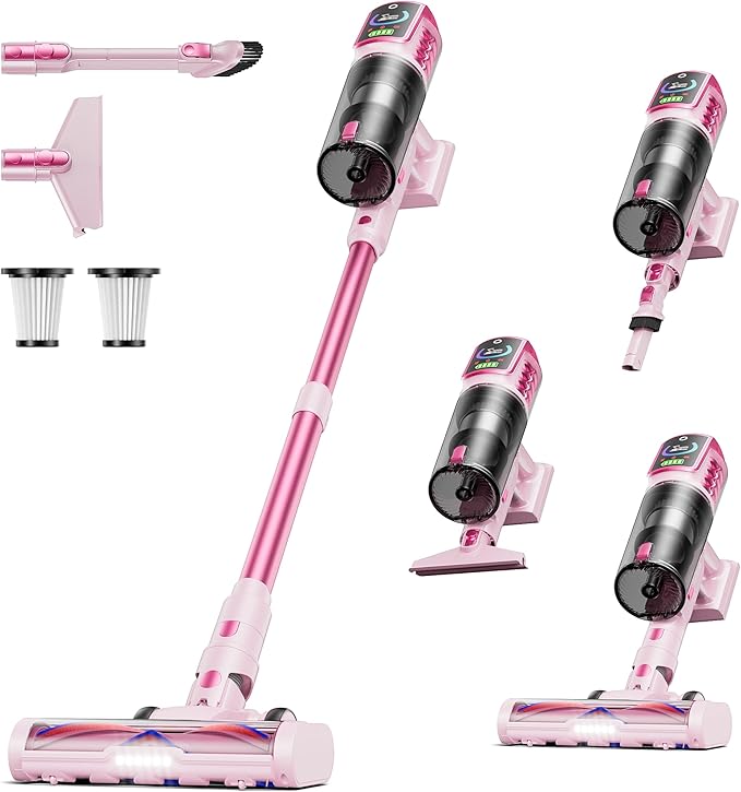 Cordless Vacuum Cleaner55KPa 650W 65Mins Vacuum Cleaners for HomeStick Vacuum with LED Display &ampAnti-tangle Brush and Self-Standing DesignVacuum Cleaner for Hardwood FloorsCarpetPet Hair(Pink