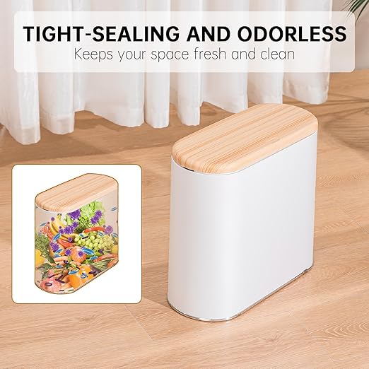 Small Bathroom Trash Can with Lid 10L/2.6 Gal Slim Wastebasket - Odor &amp Pet Proof Inner Bucket &amp Wood Grain Top Plastic White Garbage Can for Kitchen Bedroom Living Room Office RV
