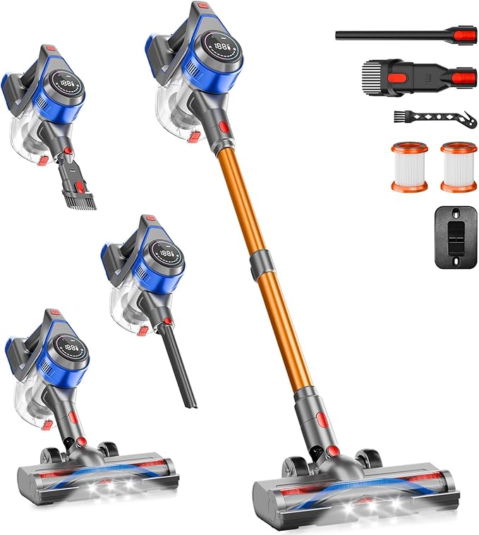 Cordless Stick Vacuum Cleaner - Rechargeable Powerful Vacuums with Detachable Battery Display Max 45Mins Runtime 8 in 1 Handheld Vacuum for Hardfloor &amp Carpets Pet Hair 45Kpa Yellow