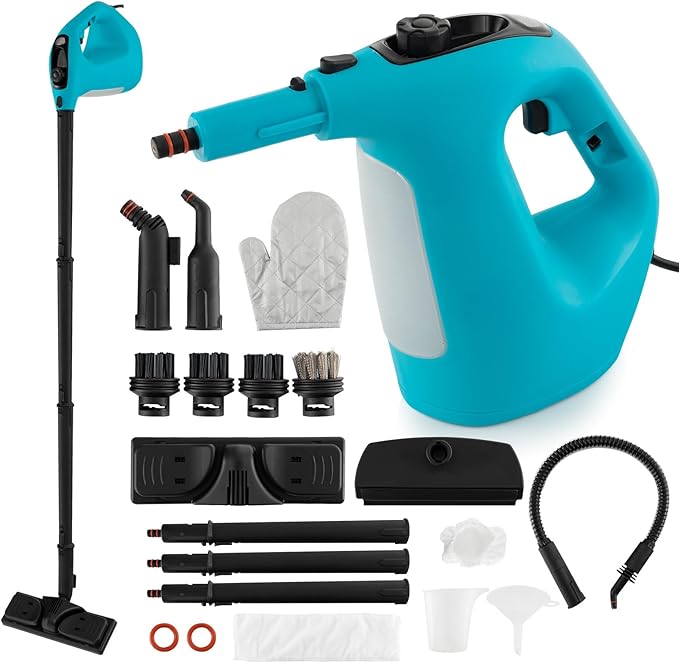COSTWAY Handheld MultiPurpose Steam Cleaner with 17 Pieces 350ml Large Capacity Steam Mop Continuous Fill water Portable Chemical-Free Steamer for Home Use Floors Windows 1400W Blue