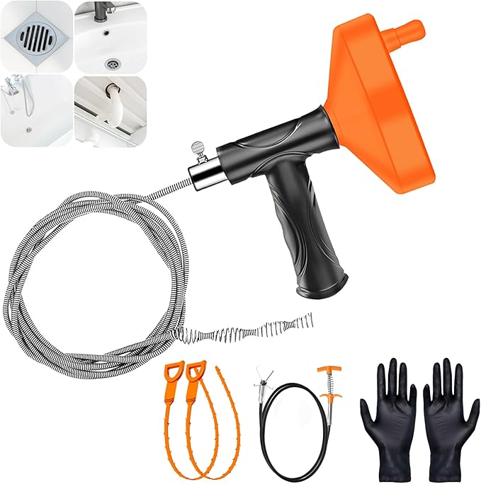 Drain Snake Auger（33 Feet） Plumbing Snake Drain Hair Clog Removal Tool Heavy Duty Snake Auger Sink Unclogger Drain Cleaner Tool for Bathroom Kitchen Tub Shower Drain Clog Remover with Gloves