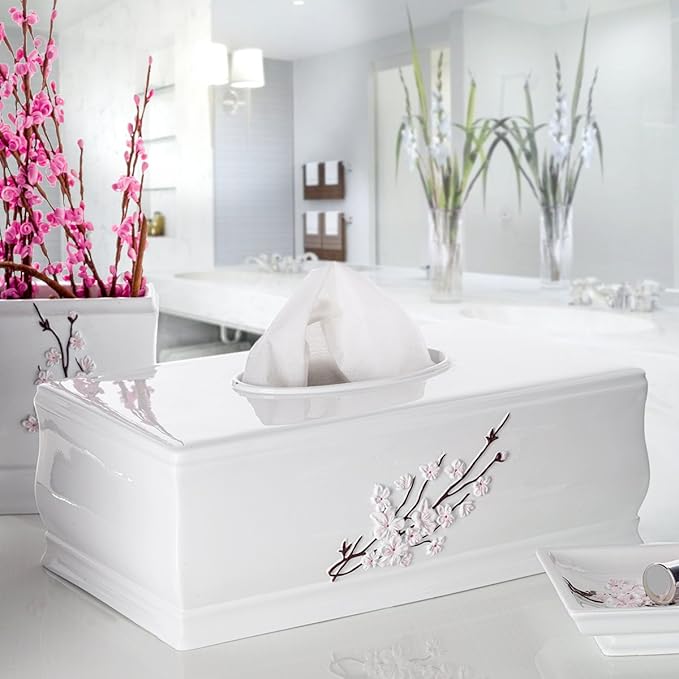 Creative Scents Vanda Rectangle Tissue Box Cover - Decorative Cherry Blossom Tissue Holder for Bathroom - White Tissue Box Holder Rectangular with Durable Bottom Slider - White Bathroom Accessories