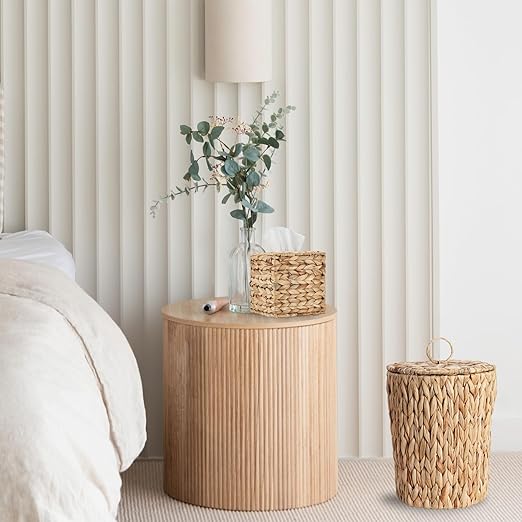 2.6 Gallon Wicker Trash Can with Lid and Square Wicker Tissue Box Cover Boho Decorative Handwoven Water Hyacinth Rattan Bedroom Bathroom Living Room Accessories Decor (Natural)