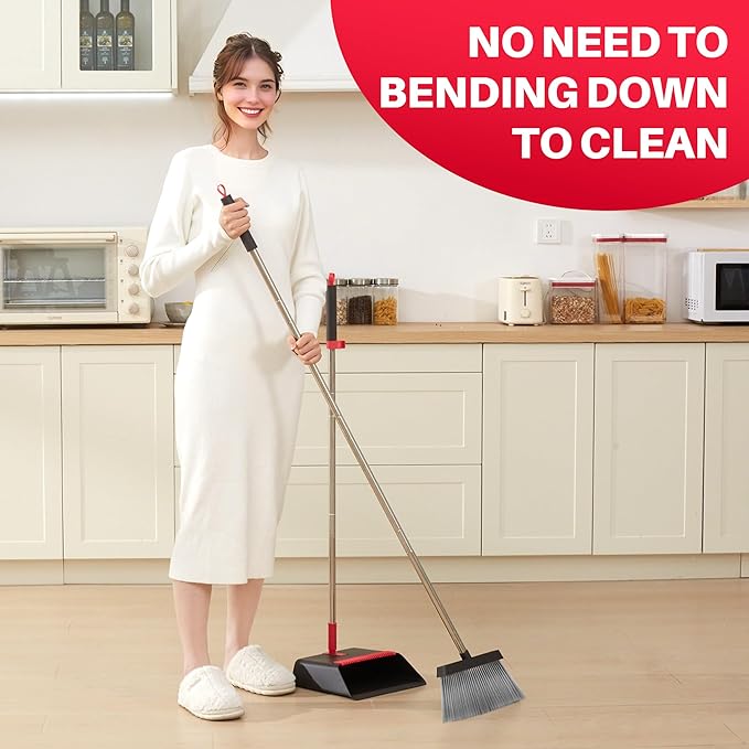 JOYMOOP Black and Red Broom and Dustpan Set Upright Angle Design with Built-in Comb Teeth for Home Office Hard Floors