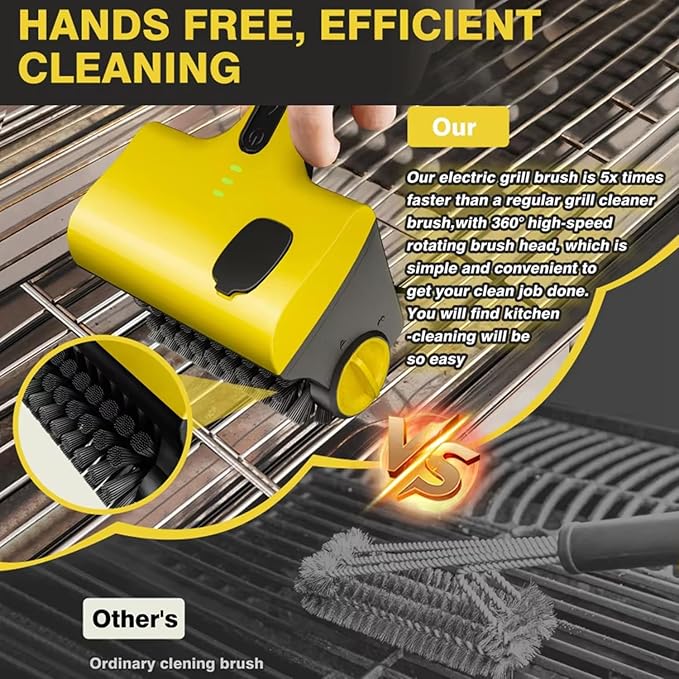 Cordless Barbecue Grill Cleaner with 2600mAh Rechargeable Battery Removable PP &amp Wire Brush Heads 280-320RPM Ideal for Tiles Stoves &amp Sinks Cleaning