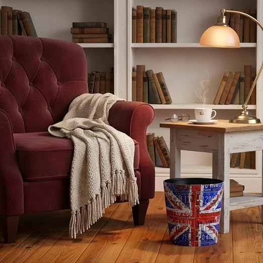 PU Leather Small Trash Can Wastebasket Round Garbage Container Basket for Bathrooms Laundry Room Kitchens Offices Kids Rooms BedroomsDormsHome Decorative Art Bin 2.9 Gallon (Union Jack)